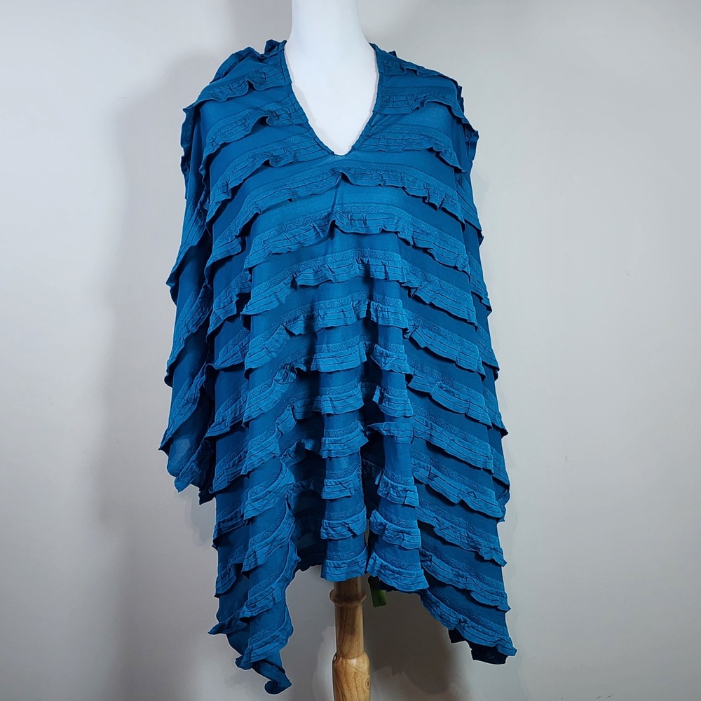 Dishevelled Shawl Poncho Wrap Womens OS Blue Ruffle Tiered Boho Lagenlook‎ NEW